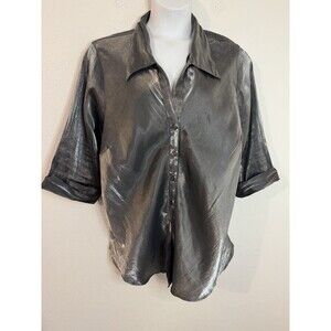 Blue Diamond Plus Blouse Size 24W Button Up Top Metallic Shiny Silver Holiday